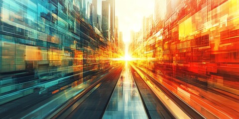 Poster - abstract cityscape with a bright sun shining in the middle of a futuristic alley.
