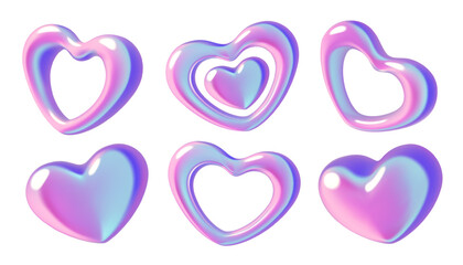 Wall Mural - 3d Holographic gradient heart shapes collection. Metallic y2k vector design elements set.