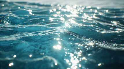Poster - A close-up view of sparkling blue water with gentle waves reflecting sunlight, creating a serene and tranquil atmosphere for nature photography.