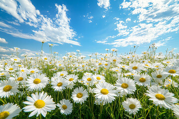 Canvas Print - Daisies bloom in a vibrant field under a bright blue sky