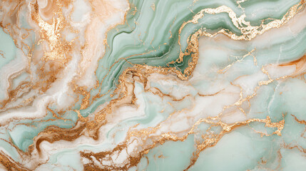 Poster - A beautiful abstract marble design showcasing soft green and white swirls with golden accents, creating a sophisticated visual for artistic applications.