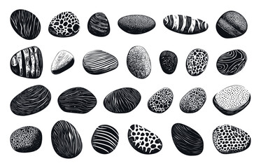 Wall Mural - Sea Pebbles Hand-Drawn Linocut Vector Set on White Background with Textured Design Coastal Art Vintage Graphics Natural Stones Collection Beach Elements Icons Ocean Shore Design