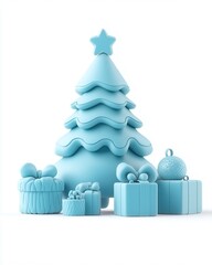 Wall Mural - Blue Christmas Tree with Stylish Gifts and Decorative Elements, Capturing a Minimalist Holiday Aesthetic for Festive Celebrations and Seasonal Joy