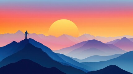 Poster - A lone figure stands atop a mountain, gazing at a vibrant sunset over layered peaks, AI