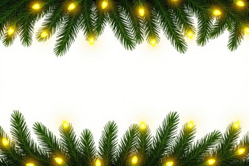 Wall Mural - Festive holiday lights and evergreen branches border on white background