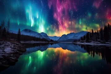 colorful aurora light landscape panoramic outdoors.