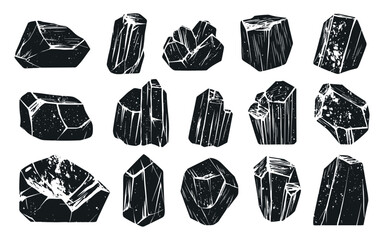 Wall Mural - Stones Hand-Drawn Linocut Grunge Texture Vector Set White Background with Distressed Design Mineral Art Vintage Graphics Gemstone Collection Natural Crystals Icons Rock Formation