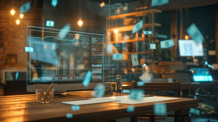 Poster - Augmented reality display of seamless digital cash flow, with currency symbols, transaction data, and financial graphs floating around a business workspace.