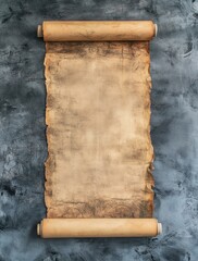 Poster - A large blank ancient medieval scroll with distressed texture and worn edges on a dark grey background. It has no text or symbols, creating space for custom designs or messages.