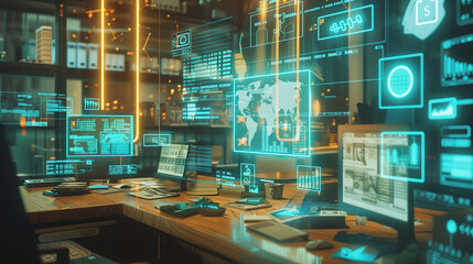 Poster - Augmented reality display of seamless digital cash flow, with currency symbols, transaction data, and financial graphs floating around a business workspace.