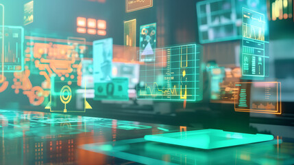 Poster - Augmented reality display of seamless digital cash flow, with currency symbols, transaction data, and financial graphs floating around a business workspace.