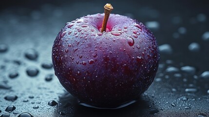 Wall Mural - A vibrant plum covered in fresh droplets of water, photographed up close against a dark background, showcasing its rich purple hue and inviting texture