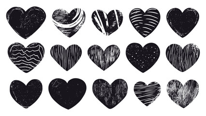 Wall Mural - Textured Hearts Linocut Vector Isolated Illustrations Grunge Texture White Unique Heart Designs Artistic Renderings Vintage Love Symbols Heart Shapes Creative Decorative Elements