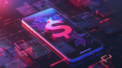  - Digital dollar sign floating above a smartphone, visualizing online payment transactions, account balances, and currency conversion in an AR environment.