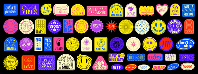 Poster - Cool Stickers Pop Art Collage Vector Design. Groovy Patches Pattern. Y2k Smile Badges.