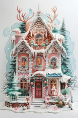 Wall Mural - Watercolor illustration of a cute house in bright pastel colors., unique architecture. Merry Christmas, decorated at night with lights and snow. Building Background generative a	