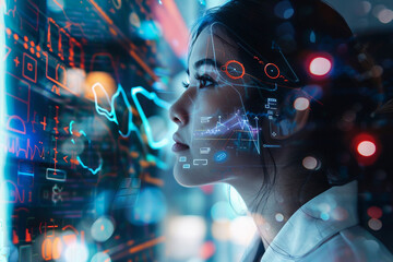 Poster - a double exposure image of a hospital worker in laboratory generative ai