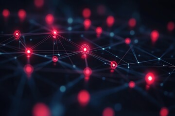 Poster - Abstract digital network with glowing red nodes and lines on a dark background.