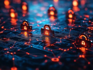 Aufkleber - A close-up of a glowing circuit board with multiple glowing padlocks, representing data security and online protection.
