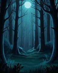Wall Mural - Moody dark forest atmosphere and setting in illustration background