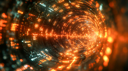 Poster - Abstract data tunnel with vibrant orange and red lights, creating a vortex effect