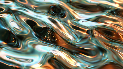 Poster - An abstract depiction of liquid with swirling patterns in shades of copper and turquoise, reflecting light and creating an engaging visual texture for artistic applications.