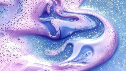 Poster - Delicate digital animation of a shimmering pink and blue liquid decorated with sparkling bubbles and foam. Smooth motion and glowing accents create an airy and voluminous effect