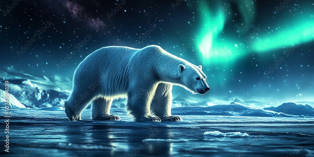 A majestic polar bear stands on a frozen lake under a starry night sky ...