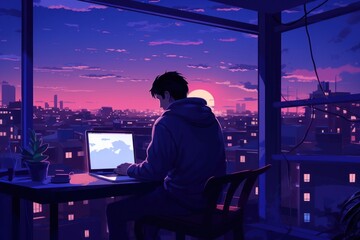 Canvas Print - A Lonely boy Using laptop in Apartment furniture computer table.