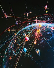 Poster - A colorful illustration of interconnected planets and satellites orbiting Earth in a dynamic cosmic setting