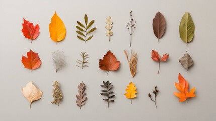 Poster - a colorful arrangement of various autumn leaves displayed on a neutral background showcasing nature'