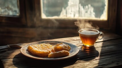 Aufkleber - Enjoying a traditional Montenegrin breakfast with hot tea on a cozy wooden table in a rustic setting