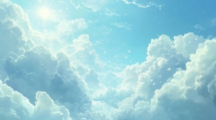 Poster - A bright and airy sky filled with fluffy white clouds, captured in a serene blue atmosphere, ideal for backgrounds or nature-themed designs.