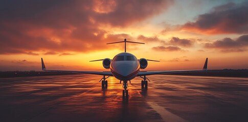 Poster - Private jet on the runway at sunset.