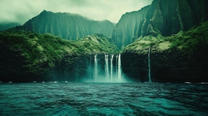 Poster - Lush green cliffs cascading into turquoise waters beneath a cloudy sky in a breathtaking natural landscape