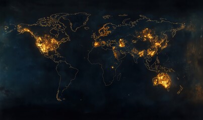 Poster - World map illuminated by fiery lights, showcasing urban areas and population density