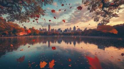 Poster - Autumn colors reflect on the tranquil waters of Central Park with city skyline in the background at sunset