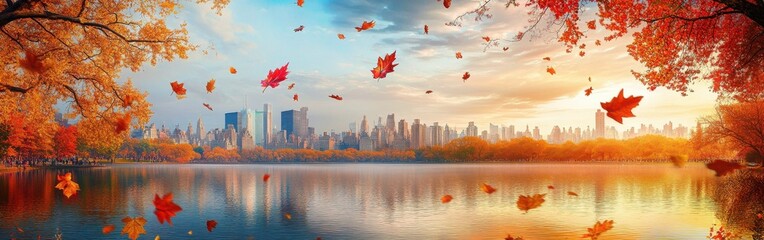 Poster - Autumn in Central Park showcases vibrant foliage with a stunning skyline backdrop during a serene sunset