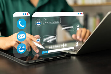 Aufkleber - AI Artificial Intelligence,Digital chatbot, Man chatting with digital assistant chatbot on mobilephone on internet application,Future of customer service man utilizes AI chatbot for instant assistance
