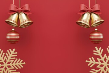 Aufkleber - Red background with golden Christmas ornaments and bells.