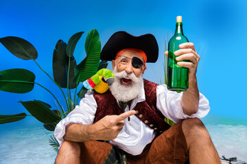 Elderly pirate captain enjoys an adventurous celebration with his parrot on a tropical island