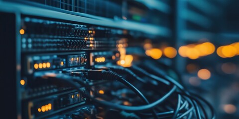 Poster - Data center equipment with illuminated servers and cables