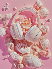 Wall Mural - Headphones on seashore with shells and beach sand