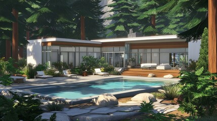 Wall Mural - Daytime scene of a modern, white and wooden house with a pool, surrounded by lush pines and landscaped gardens