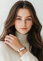 Wall Mural - A woman with long brown hair and a white sweater is wearing a silver bracelet