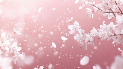 Poster - Soft pastel pink background adorned with delicate cherry blossoms in full bloom creating a serene and tranquil atmosphere