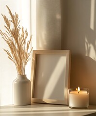 Aufkleber - Minimalist Interior Decor with Candle and Empty Frame in Sunlit Corner of Modern Room : Generative AI