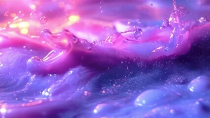 Fototapete - Abstract animation of smooth lines and flying drops of thick flowing glowing liquid. Hues of blue, pink and purple create a vibrant gradient, with soft highlights emphasizing the organic shape