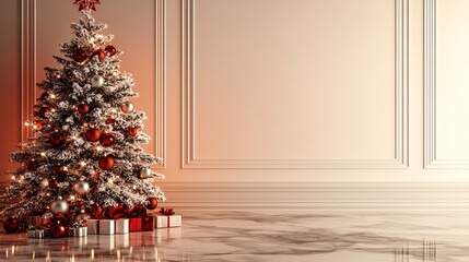 Poster - Luxurious Christmas Tree with Red Ornaments and Gifts on Marble Floor : Generative AI