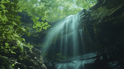 Poster - Water cascades gracefully at Ruby Falls amidst lush greenery on a tranquil day in nature’s embrace
